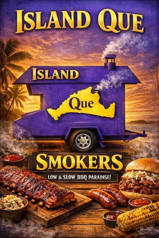 Island Que Smokers artwork featuring a purple smoker and yellow lettering